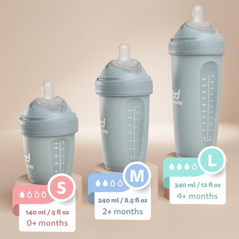 Herobility Double Anti-Colic Baby Bottles - 8.5 fl oz/240ml - 4-Pack - Multicolor - White, Gray, Iron Blue, Blue - Image 2